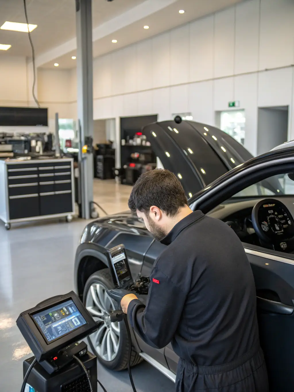 An illustration showing a vehicle undergoing diagnostic checks with predictive maintenance alerts, highlighting the system's ability to identify potential issues early.