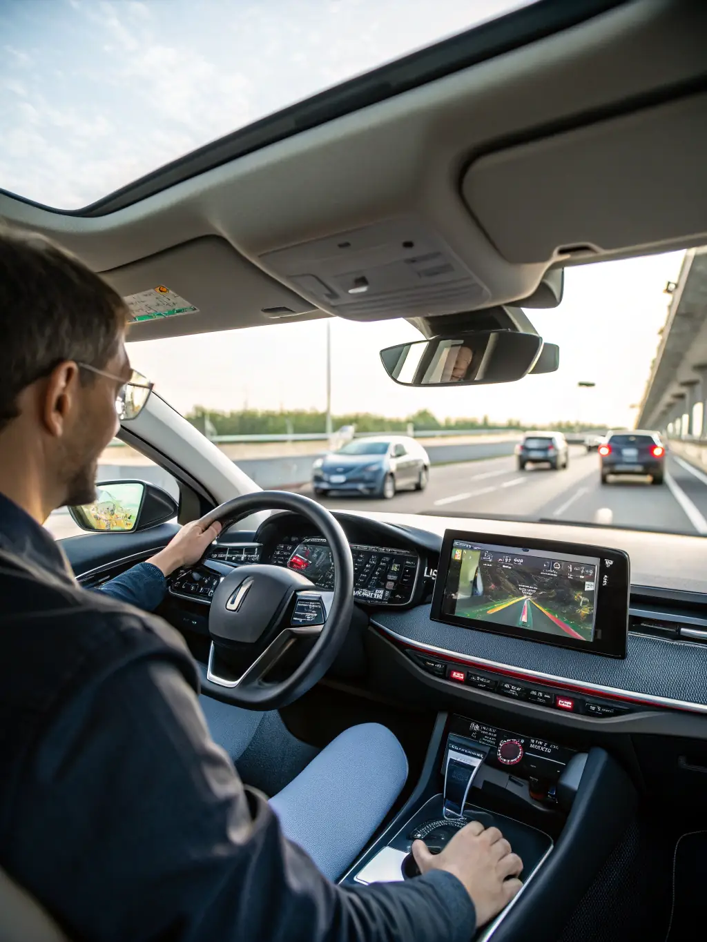 An image depicting a driver receiving assistance alerts on their dashboard, showcasing features like lane departure warnings and collision avoidance.